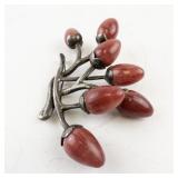 Mexico Silver Berry Brooch with Red Dyed Quartz Cabochons