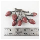 Mexico Silver Berry Brooch with Red Dyed Quartz Cabochons