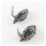 Sterling Silver Black Stone Clip-On Earrings