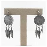 Buffalo Nickel Coin Dangle Earrings with Feather Charms