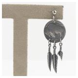 Buffalo Nickel Coin Dangle Earrings with Feather Charms