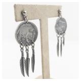 Buffalo Nickel Coin Dangle Earrings with Feather Charms