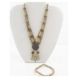Wood Bead Necklace and Bracelet Set with Pendant Detail