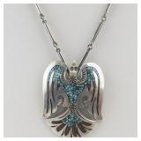 Silver & Base Metal Necklace with Turquoise Inlay Thunderbird Pendant