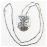 Silver & Base Metal Necklace with Turquoise Inlay Thunderbird Pendant