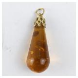 Vintage Amber Teardrop Pendant with Gold-Tone Cap
