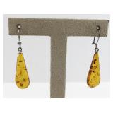 Pair of Amber Teardrop Dangle Earrings with Silver Hooks