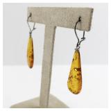 Pair of Amber Teardrop Dangle Earrings with Silver Hooks