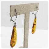 Pair of Amber Teardrop Dangle Earrings with Silver Hooks