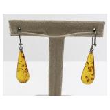 Pair of Amber Teardrop Dangle Earrings with Silver Hooks