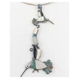 Sterling Silver Hummingbird Necklace with Turquoise and Coral Inlay