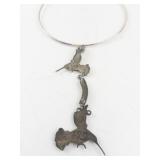 Sterling Silver Hummingbird Necklace with Turquoise and Coral Inlay