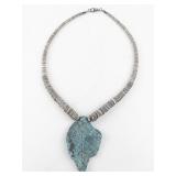 Hand Carved Turquoise Leaf Necklace with Shell Beads
