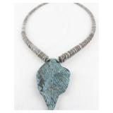 Hand Carved Turquoise Leaf Necklace with Shell Beads