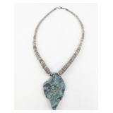 Hand Carved Turquoise Leaf Necklace with Shell Beads