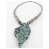 Hand Carved Turquoise Leaf Necklace with Shell Beads
