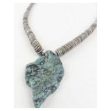 Hand Carved Turquoise Leaf Necklace with Shell Beads