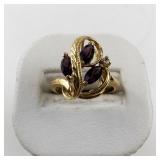 Size 6.75 Base Metal Ring with Purple Stones and Leaf Design