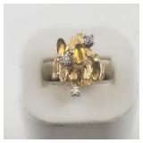 Gold Tone Cocktail Ring with Textured Design and Cubic Zirconia Accents, Size 4-4.25