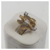 Gold Tone Cocktail Ring with Textured Design and Cubic Zirconia Accents, Size 4-4.25