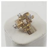 Gold Tone Cocktail Ring with Textured Design and Cubic Zirconia Accents, Size 4-4.25