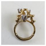 Gold Tone Cocktail Ring with Textured Design and Cubic Zirconia Accents, Size 4-4.25
