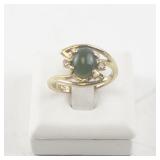 Size 7 Base Metal Ring with Green Stone and Rhinestones