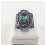 Vintage Base Metal Ring with Green Faceted Stone, Size 6