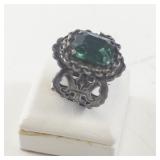 Vintage Base Metal Ring with Green Faceted Stone, Size 6