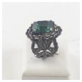 Vintage Base Metal Ring with Green Faceted Stone, Size 6