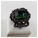 Vintage Base Metal Ring with Green Faceted Stone, Size 6