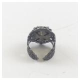 Vintage Base Metal Ring with Green Faceted Stone, Size 6