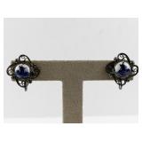 Vintage Delft Blue Porcelain Screw-Back Earrings with Filigree Setting