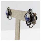 Vintage Delft Blue Porcelain Screw-Back Earrings with Filigree Setting