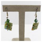 Murano Glass Mosaic Square Earrings with Green Beads
