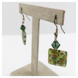 Murano Glass Mosaic Square Earrings with Green Beads