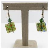 Murano Glass Mosaic Square Earrings with Green Beads