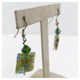Murano Glass Mosaic Square Earrings with Green Beads