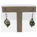 Green Art Nouveau Style Dangle Earrings with Patterned Beads