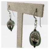 Green Art Nouveau Style Dangle Earrings with Patterned Beads