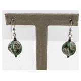 Green Art Nouveau Style Dangle Earrings with Patterned Beads