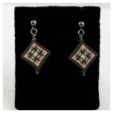 Pair of Decorative Green and Pink Square Drop Earrings