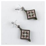 Pair of Decorative Green and Pink Square Drop Earrings