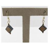 Pair of Checkered Wood Inlay Dangle Earrings with Gold Hooks
