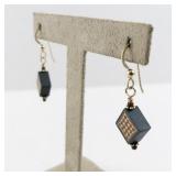 Pair of Checkered Wood Inlay Dangle Earrings with Gold Hooks