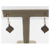 Pair of Checkered Wood Inlay Dangle Earrings with Gold Hooks
