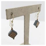 Pair of Checkered Wood Inlay Dangle Earrings with Gold Hooks