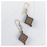 Pair of Checkered Wood Inlay Dangle Earrings with Gold Hooks