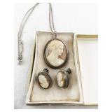 Vintage Cameo Jewelry Set with Necklace, Earrings, and Amber Pendant - Palomba Naples