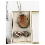 Vintage Cameo Jewelry Set with Necklace, Earrings, and Amber Pendant - Palomba Naples